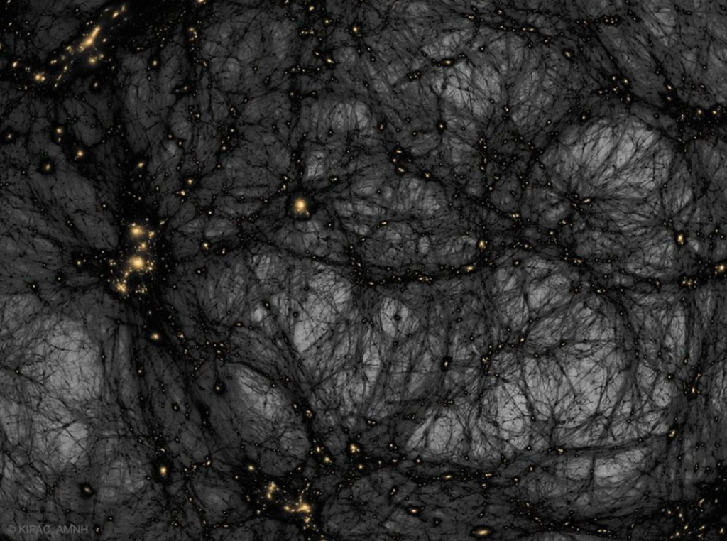 Acredita-se que a matéria escura seja responsável pela estrutura em grande escala do universo que vemos hojeTom Abel e Ralf Kaehler (KIPAC, SLAC), AMNH
