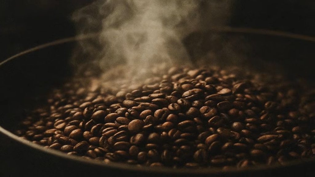 Grãos de café recém-torrados liberando calor
