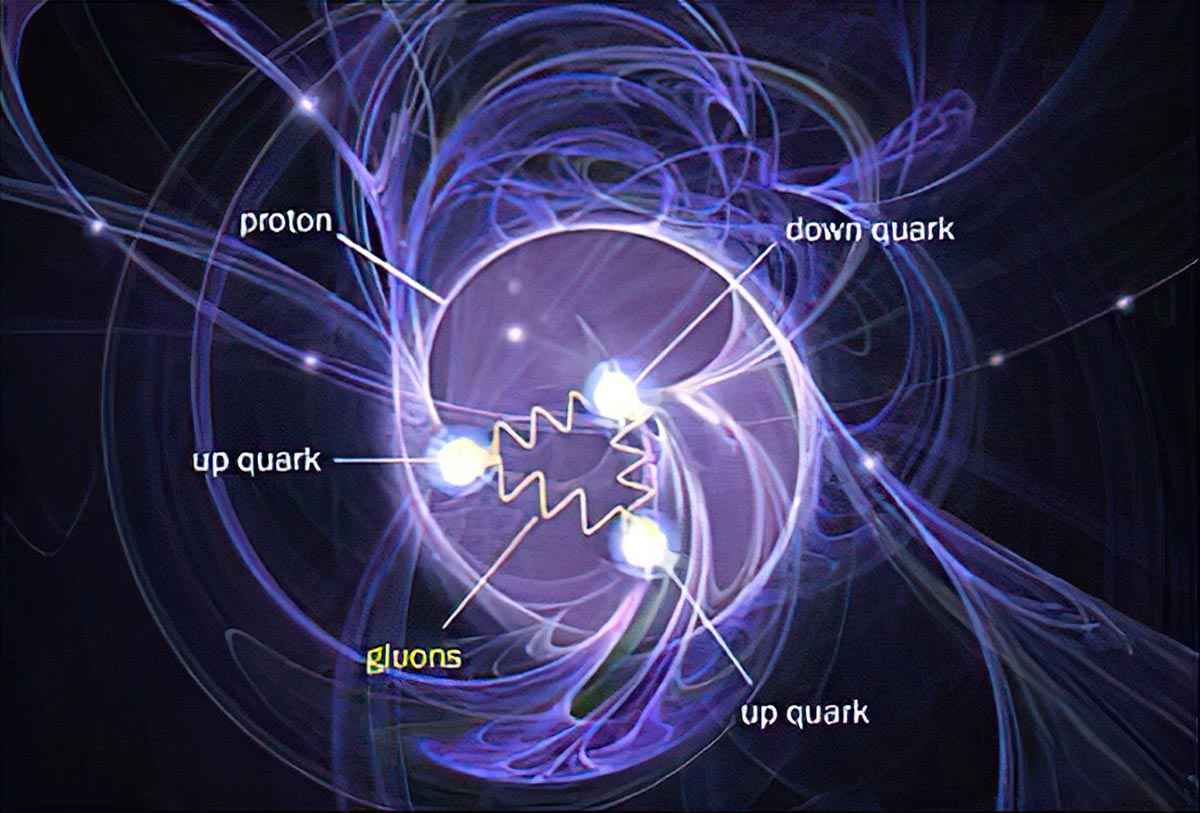 Visualização científica conceitual mostrando quarks e gluons interagindo dentro de um próton