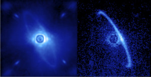Imagens do disco de poeira (em versão luz normal e polarizada) em torno da estrela HR4796A