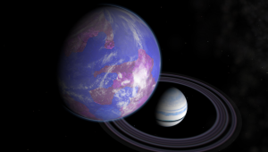 Impressão do artista de uma lua como a da Terra em torno de um hipotético exoplaneta parecido com Saturno.