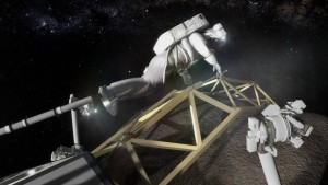 Representação artística mostra astronauta preso pelo pé preparando-se para observar bloco de asteroide (Foto: Asteroid Initiative/Nasa)