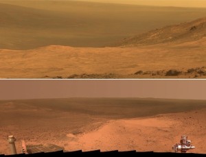 O módulo Opportunity, da Nasa (agência espacial americana), fez estas imagens do Vale Maratona, um local a oeste da borda da cratera Endeavour em 6 de janeiro de 2015