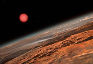 Ilustração da vista imaginada próximo à superfície de um dos três planetas que orbitam uma estrela anã. (Foto: ESO/M. Kornmesser)
